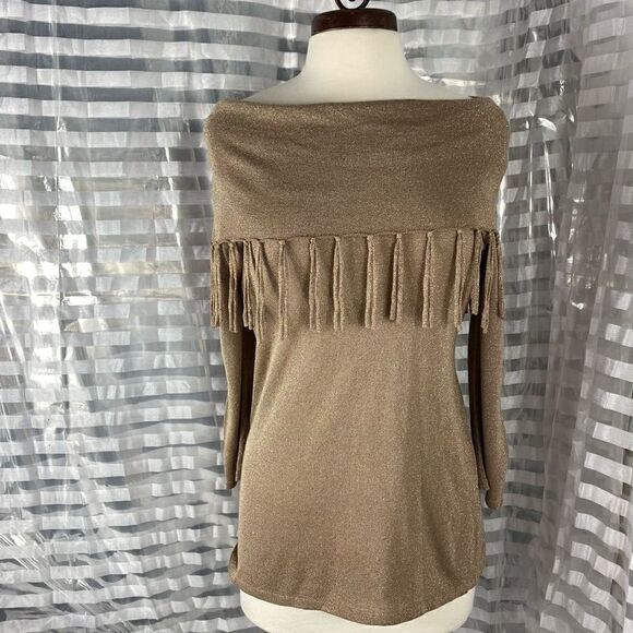 Kim Rogers Gold Fold-over Shoulder Fringe Sweater - Picture 1 of 5